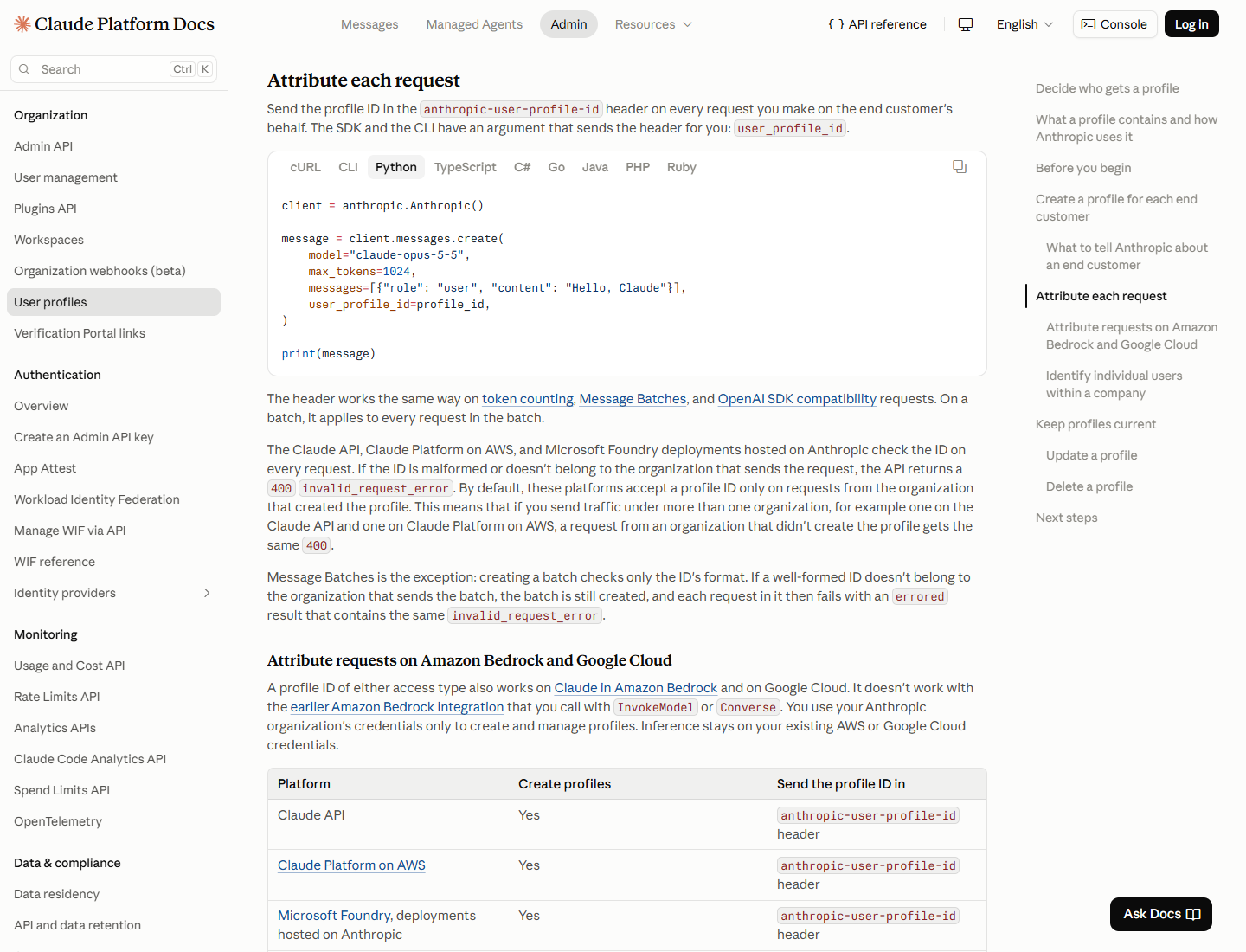 Anthropic documentation shows a message request associated with a user profile ID