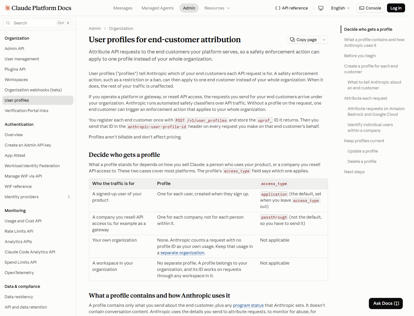 Anthropic documentation compares individual application profiles, resold-company profiles, internal traffic and workspaces