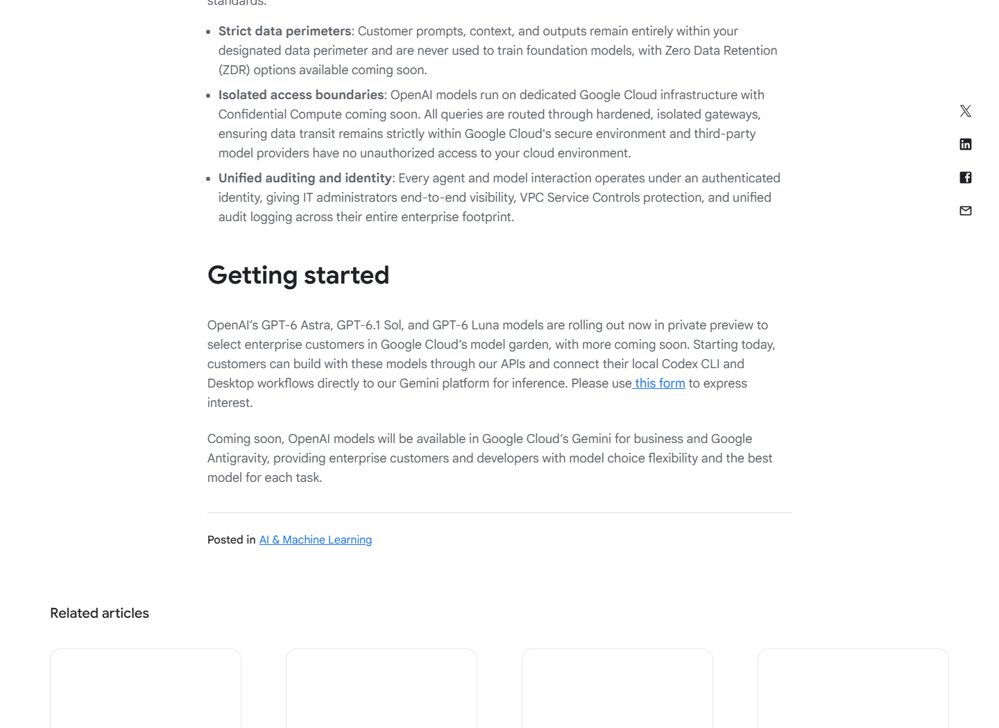 Google Cloud announcement states select enterprise private preview and describes Codex workflow access