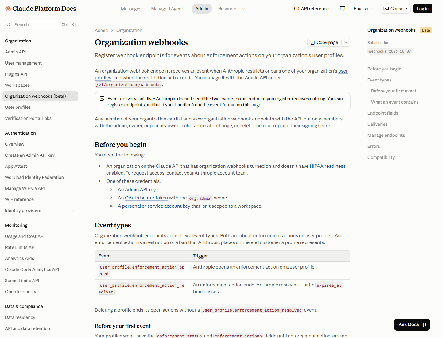 Anthropic documentation lists the two user profile enforcement webhook event types