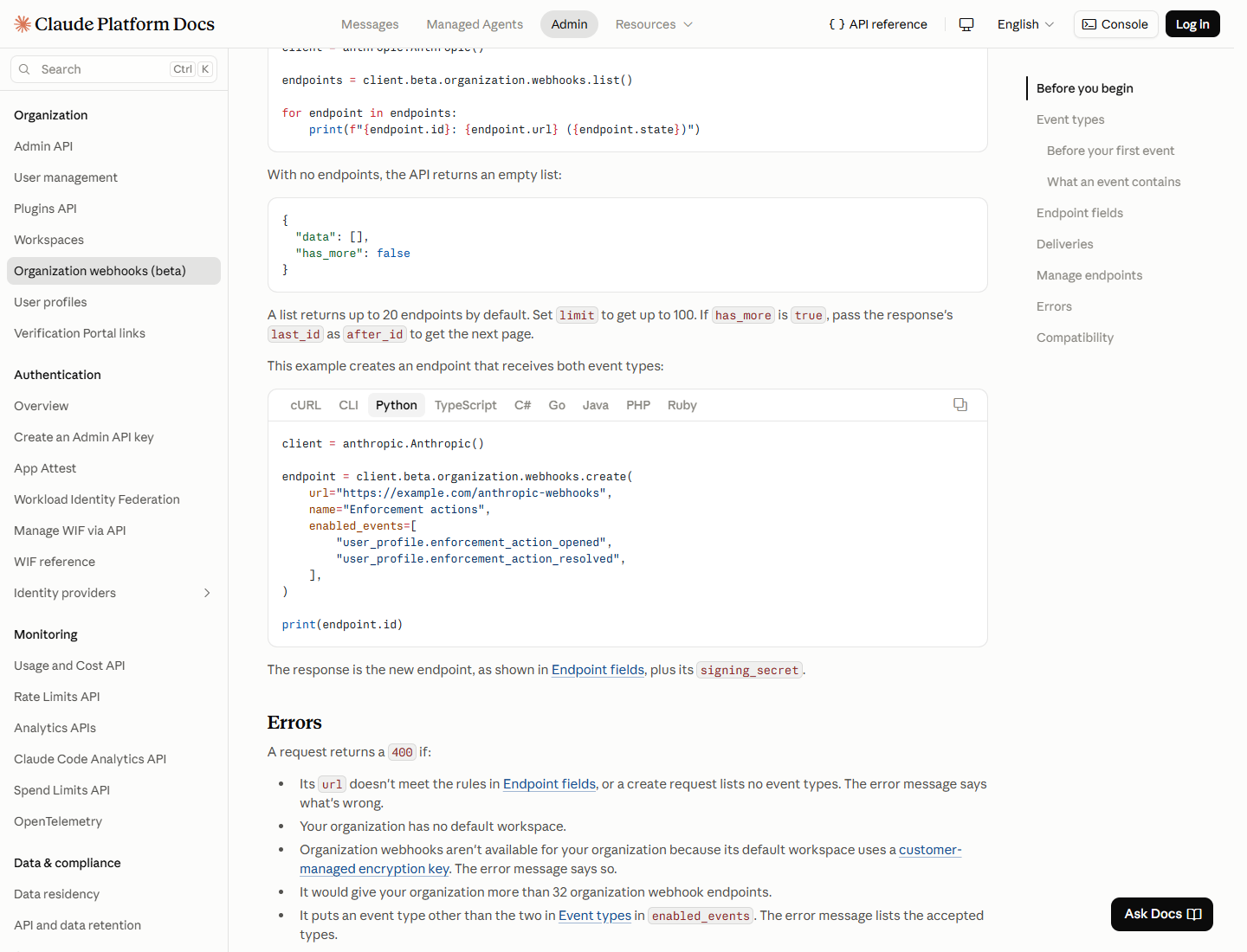 Anthropic documentation shows an organization webhook endpoint creation example