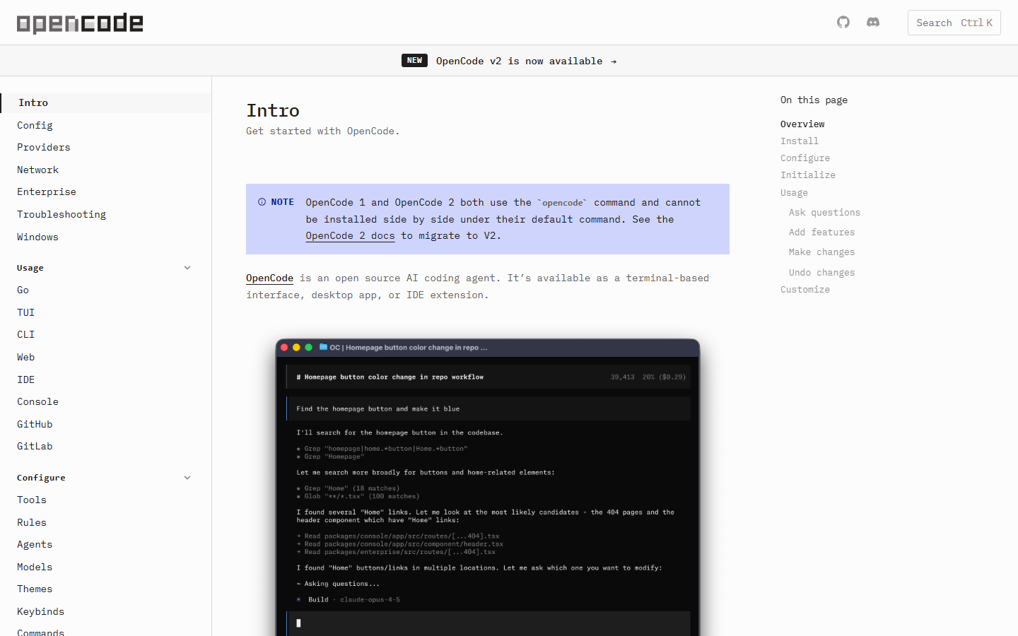 OpenCode documentation introduction page