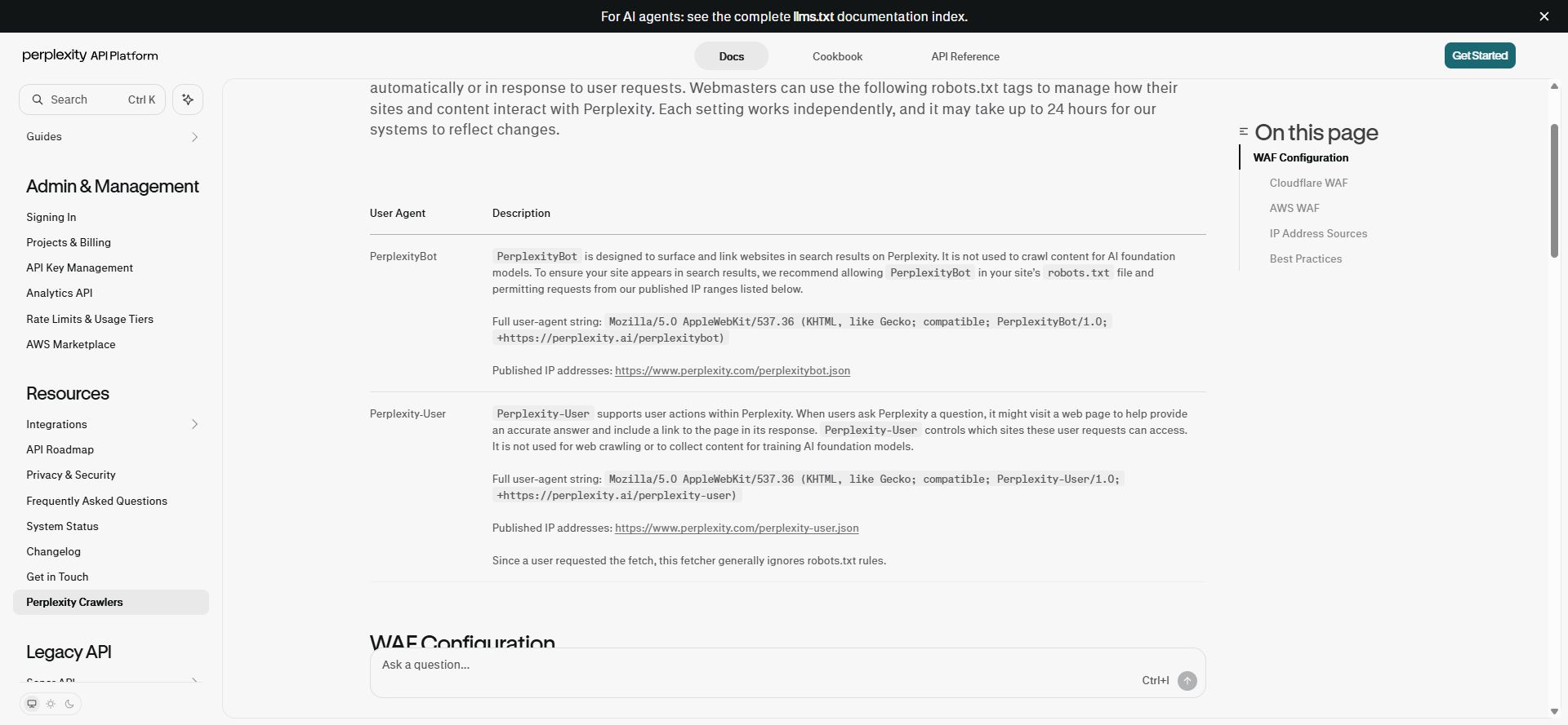 Official Perplexity documentation showing the separate PerplexityBot and Perplexity-User definitions and published address links