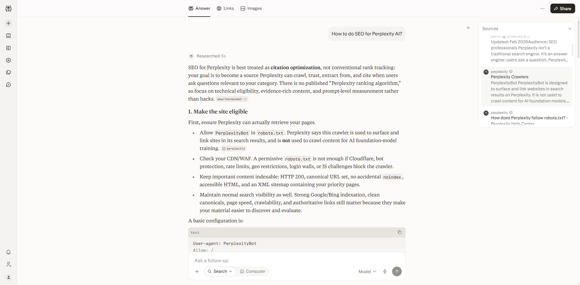 Perplexity question and answer with an inline crawler citation and official crawler source card