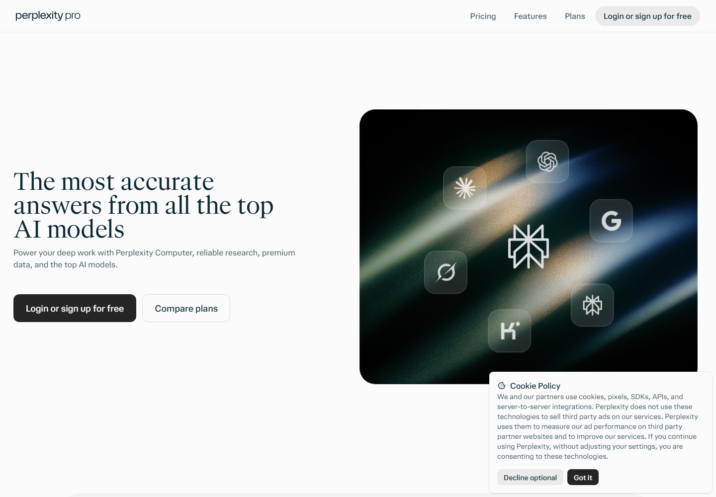 Signed-out Perplexity Pro page with a Compare plans button