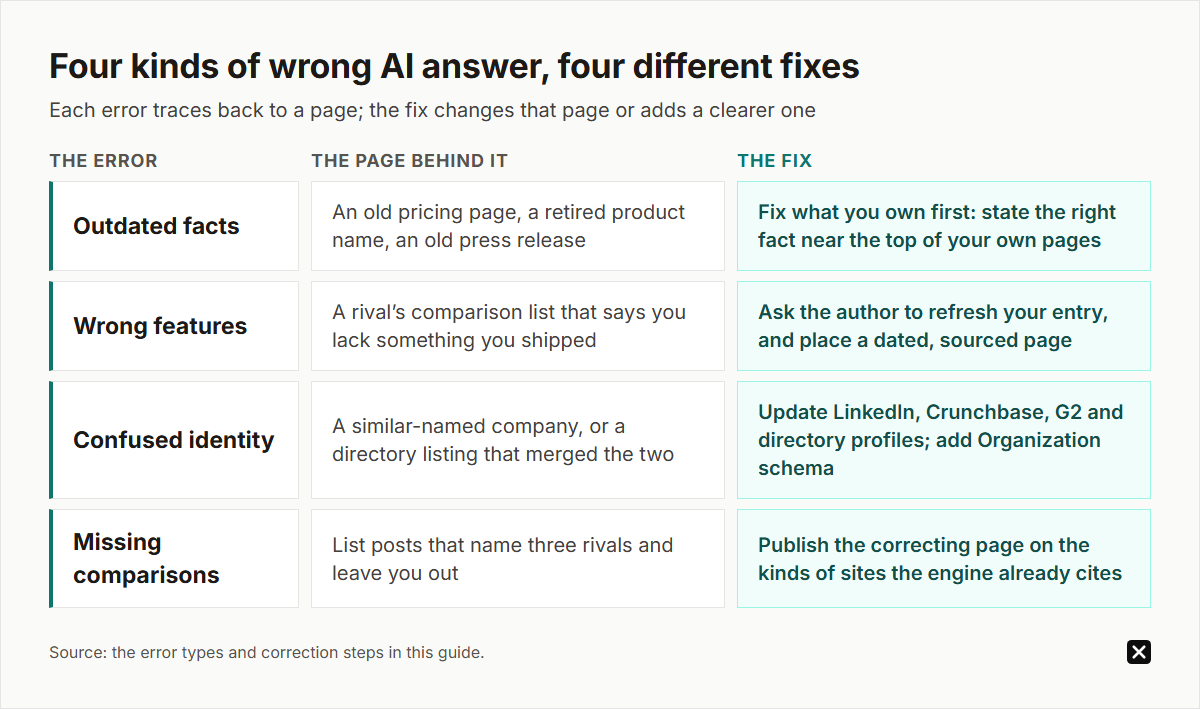 Four kinds of wrong AI answer, four different fixes: outdated facts on your own pages, fixed there first; wrong features on a rival's comparison list, refreshed or answered with a dated page; confused identity, fixed in your profiles; missing comparisons, answered on sites engines cite.