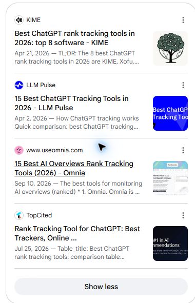 Actual Google source panel showing KIME, LLM Pulse, Omnia and TopCited.