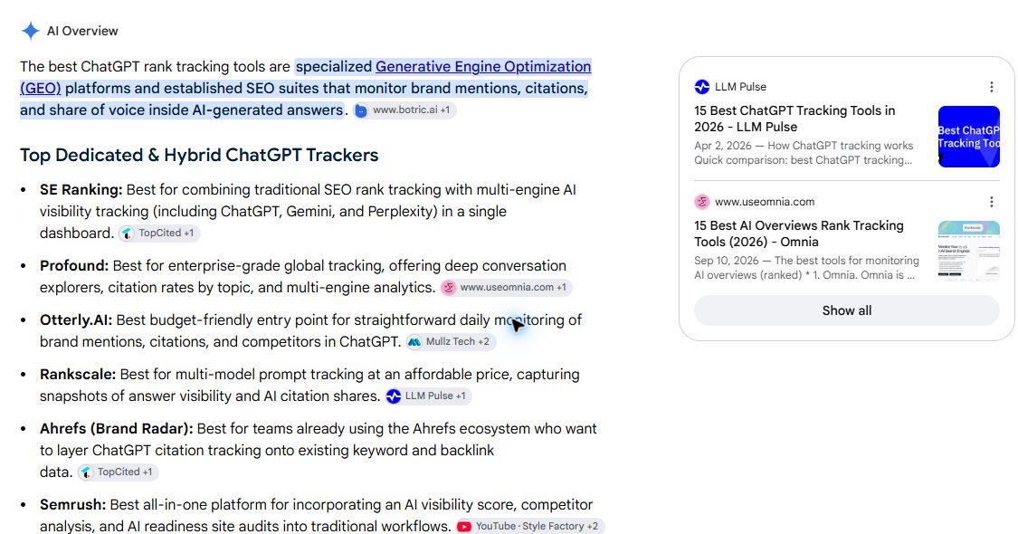 Expanded Google AI Overview showing six tool recommendations and source chips.