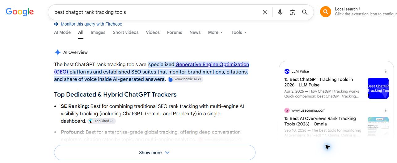 Actual Google search with the exact query, All tab, AI Overview and Show more button.