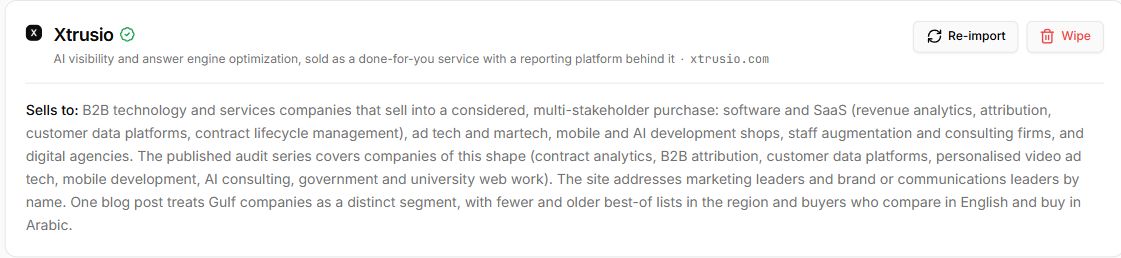 Xtrusio Foundation company-context card showing the service description and the audience under Sells to