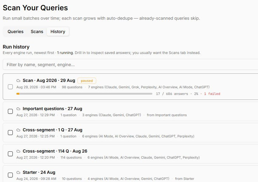 Xtrusio Scan Your Queries History showing how Xtrusio preserves dated scan runs, question counts and engine coverage